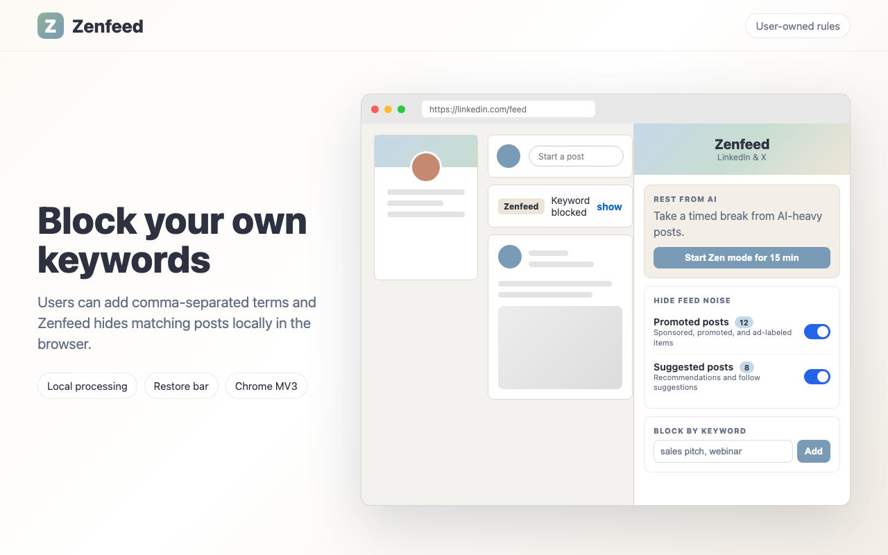Zenfeed custom keyword blocking UI